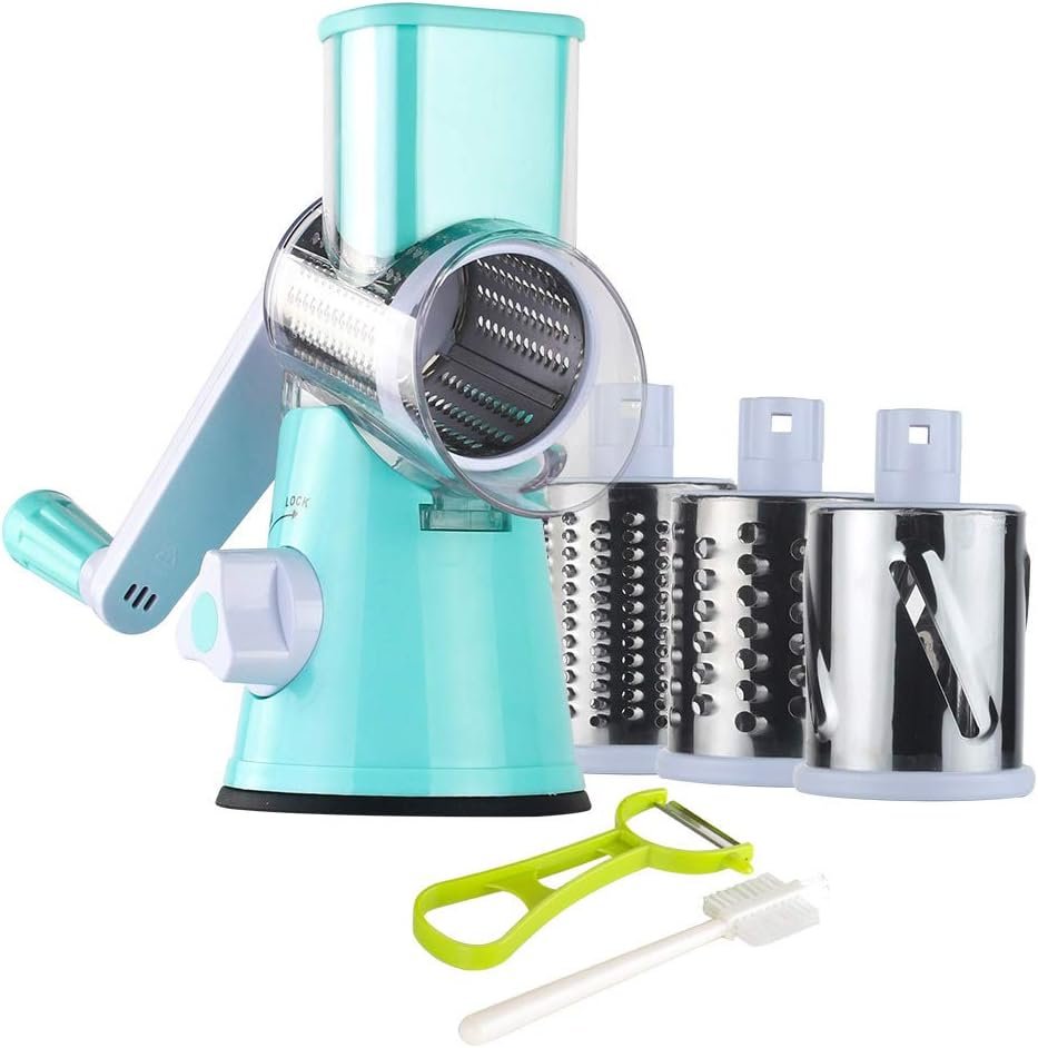 Rotary Cheese Grater Shredder Speed Kitchen Manual Round Mandolin Slicer Grinder for Potato Hash Brown Vegetable Walnut Nut Carrot Garlic Chocolate Radish with 3 Drum Blades Blue