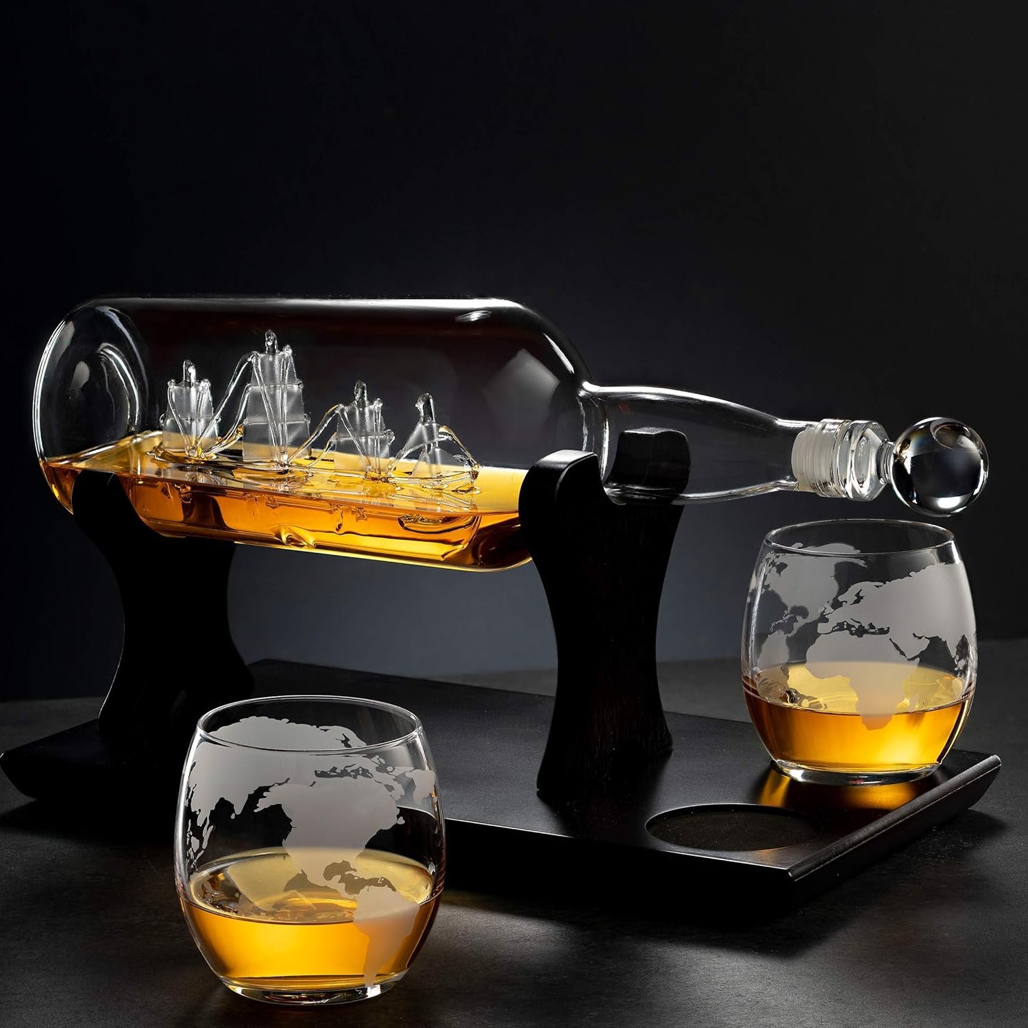 Ship In A Bottle Whiskey Decanter and Whiskey Glasses Bar Set for Liquor Scotch Bourbon Gifts for Men Clear