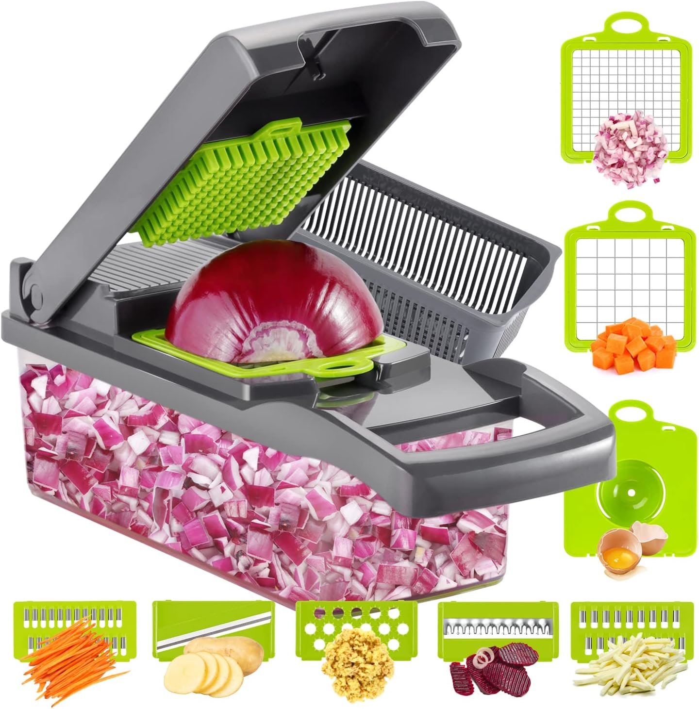 Vegetable Chopper 12 in 1 Professional Slicer for Kitchen Multifunctional Food Chopper Cutter for Onion Potato Tomato Veggie with 8 blades and Strainer Basket (Gray)