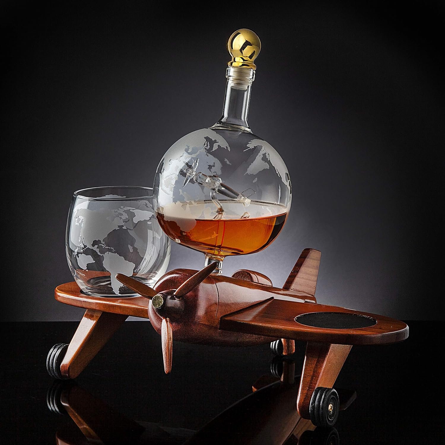 Whiskey Decanter Airplane Globe Set with 2 World Whiskey Glasses - for Liquor Scotch Bourbon Vodka