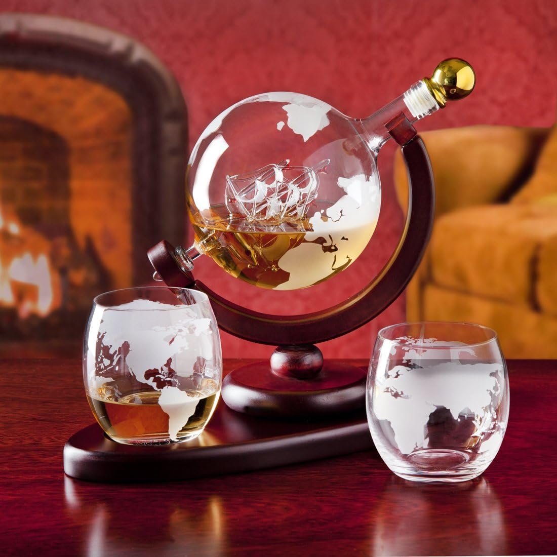 Whiskey Decanter Globe Set with 2 Etched Whiskey Glasses - for Liquor Scotch Bourbon Vodka Gifts For Men - 850ml